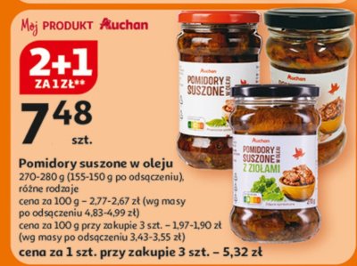 Pomidory suszone w oleju Auchan 270-280 g (155-150 g po odsączeniu), różne rodzaje promocja w Auchan