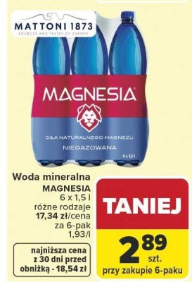 Woda mineralna MAGNESIA niegazowana 6 x 1,5l promocja w Carrefour Market