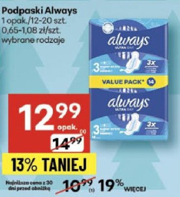 Podpaski Always wybrane rodzaje promocja w Delikatesy Centrum