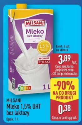 Mleko 1,5% UHT bez laktozy Milsani promocja w Aldi