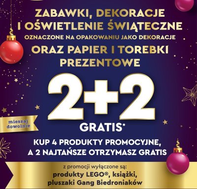 Zabawki, dekoracje, oświetlenie świąteczne (oznaczone jako dekoracje) oraz papiery i torebki prezentowe 2+2 GRATIS promocja w Biedronka