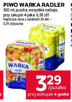 Piwo Warka radler brzoskwinia z mandarynką 0% promocja