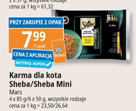 Karma dla kota z kurczakiem i wołowiną Sheba selection in sauce promocja w Leclerc