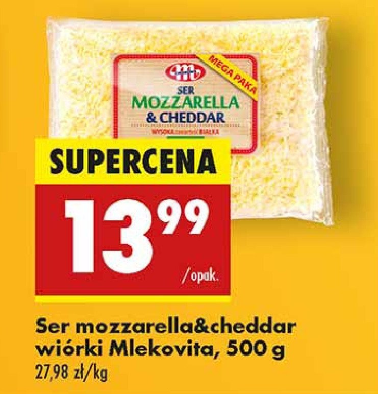 Ser mozzarella & cheddar wiórki Mlekovita promocja w Biedronka