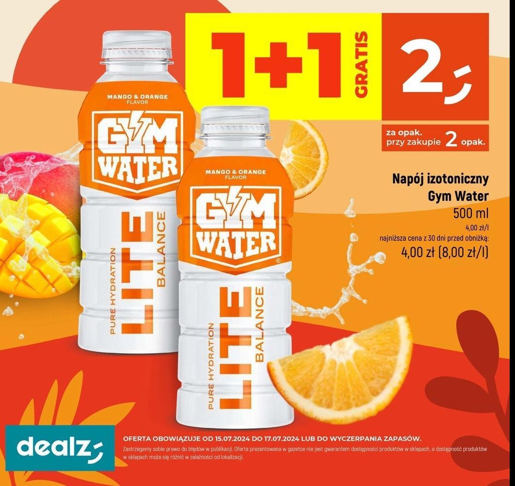 Napój izotoniczny mango & orange Gym water lite promocja