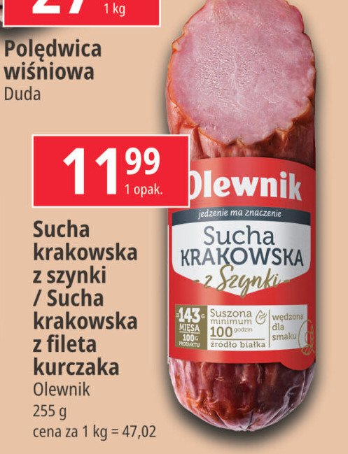 Kiełbasa krakowska sucha z fileta kurczaka Olewnik promocja w Leclerc