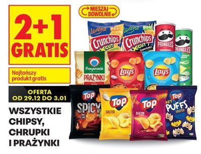 Chipsy, chrupki i prażynki - wszystkie, 2+1 gratis promocja w Biedronka