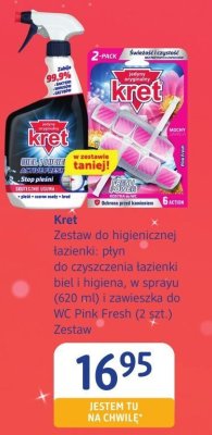 Zestaw do higienicznej łazienki Kret płyn do czyszczenia łazienki biel i higiena, w sprayu (620 ml) i zawieszka do WC Pink Fresh (2 szt.) promocja w Drogerie DM