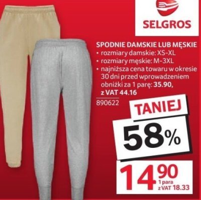 Spodnie damskie lub męskie rozmiary damskie: XS-XL, rozmiary męskie: M-3XL promocja w Selgros