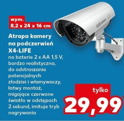 Atrapa kamery na podczerwień X4-LIFE na baterie 2 x AA 1,5 V, bardzo realistyczna, do odstrasznie potencjalnych złodziei i wandali, łatwy montaż, migające czerwone światło w odstępach 2 sekund, imituje tryb nagrywania promocja w Kaufland