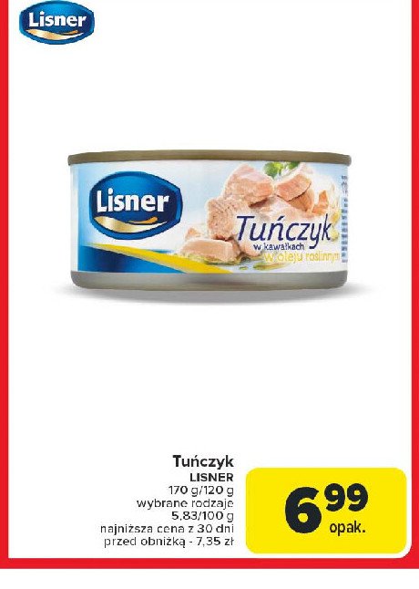 Tuńczyk w kawałkach w oleju Lisner promocja w Carrefour