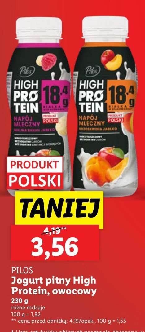 Napój mleczny malina-manan-jabłko PILOS HIGH PROTEIN promocja w Lidl