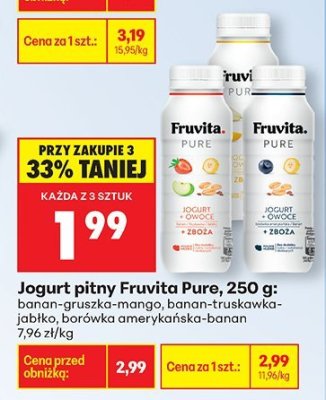 Jogurt pitny Fruvita Pure, 250 g: banan-gruszka-mango, banan-truskawka-jabłko, borówka amerykańska-banan promocja w Biedronka