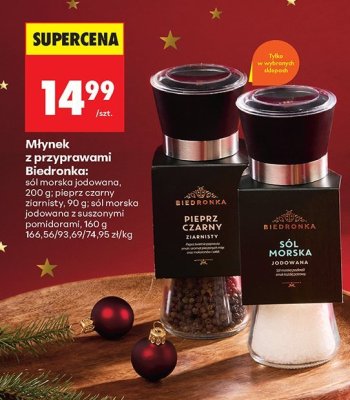 Młynek z przyprawami Biedronka: sól morska jodowana, 200 g; pieprz czarny garnisty, 90 g; sól morska jodowana z suszonymi pomidorami, 160 g promocja w Biedronka