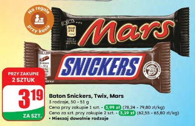 Baton Snickers, Twix, Mars 3 rodzaje promocja w Dino