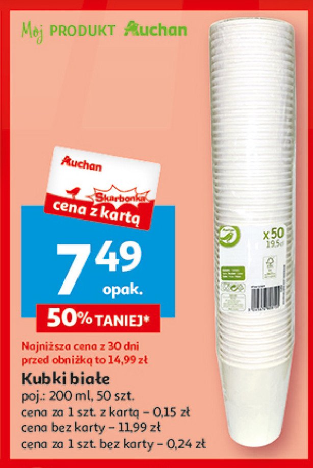 Kubeczki papierowe 200 ml Auchan promocja w Auchan