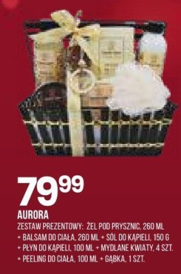 Kosmetyki Aurora zestaw prezentowy żel pod prysznic + balsam do ciała + sól do kąpieli + mydło w kształcie kwiatu + peeling do ciała + gąbka promocja w Drogerie Natura