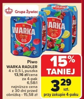 Piwo WARKA RADLER 0.0 promocja w Carrefour