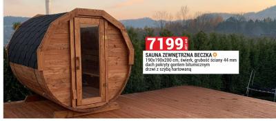 Sauna zewnętrzna beczka 190x190x200 cm, świerk, grubość ściany 44 mm dach pokryty gontem bitumicznym drzwi z szybą hartowaną promocja w Merkury Market