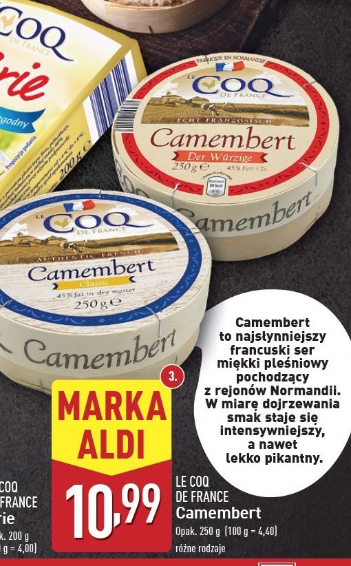 Ser camembert pikantny Le coq de france promocja w Aldi