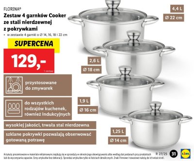 Zestaw garnków cooker 4.4 l + 2.6 l + 1.9 l + 1.25 l Florina (florentyna) promocja