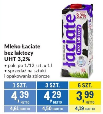 Mleko Łaciate bez laktozy UHT 3,2% promocja w Makro