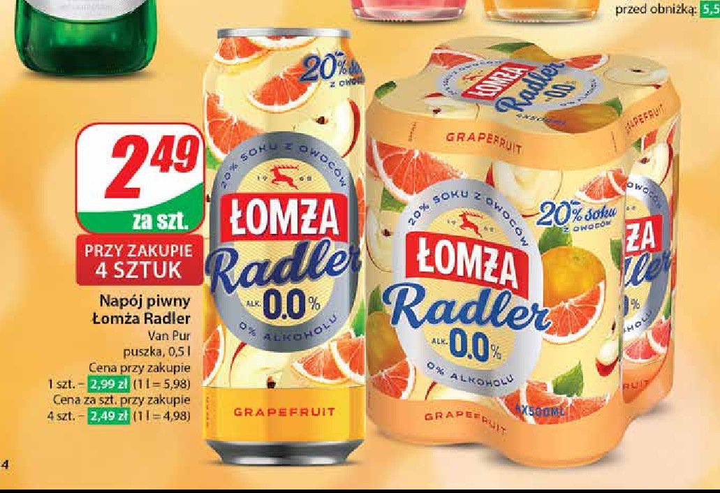 Piwo ŁOMŻA RADLER 0.0% GREJPFRUT promocja w Dino