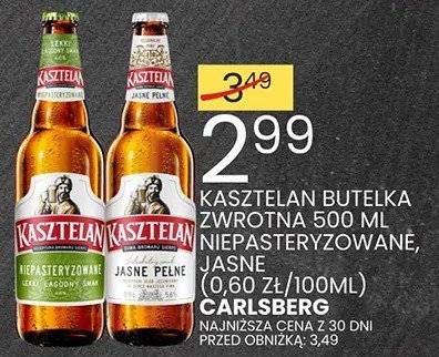 Piwo KASZTELAN butelka zwrotna 330 ml NIEPASTERYZOWANE, JASNE (0,60 ZŁ/100ML) CARLSBERG promocja w Wafelek