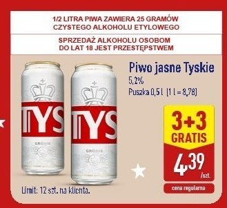 Piwo jasne Tyskie 3+3 GRATIS promocja w Aldi