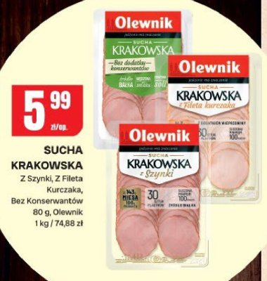 Kiełbasa Sucha Krakowska z Szynki, Z Fileta Kurczaka, Bez Konserwantów Olewnik promocja w Chorten