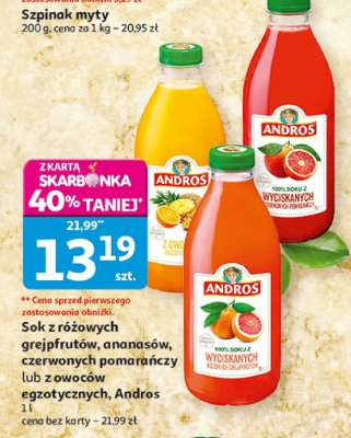 Sok Andros z różowych grejpfrutów, ananasów, czerwonych pomańczy lub z owoców egzotycznych 1 l promocja w Auchan