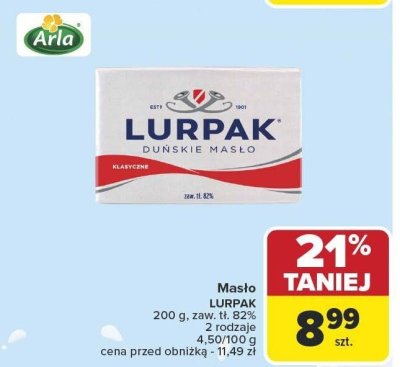 Masło LURPAK duńskie 200g 2 rodzaje 4,50/100g promocja w Carrefour