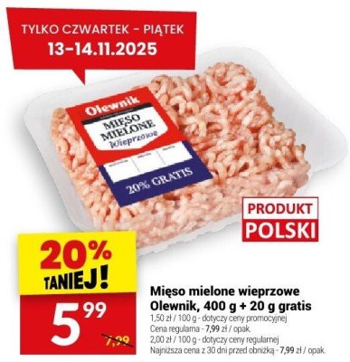 Mięso mielone wieprzowe Olewnik, 400 g + 20 g gratis promocja w Twój Market