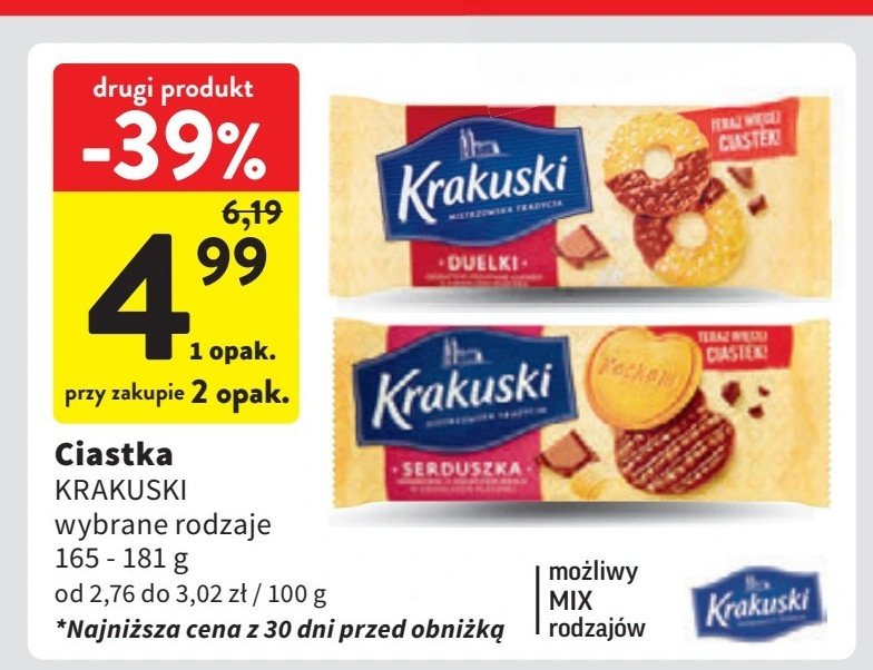 Ciastka posypane cukrem z czekoladą mleczną Krakuski bahlsen promocja w Intermarche