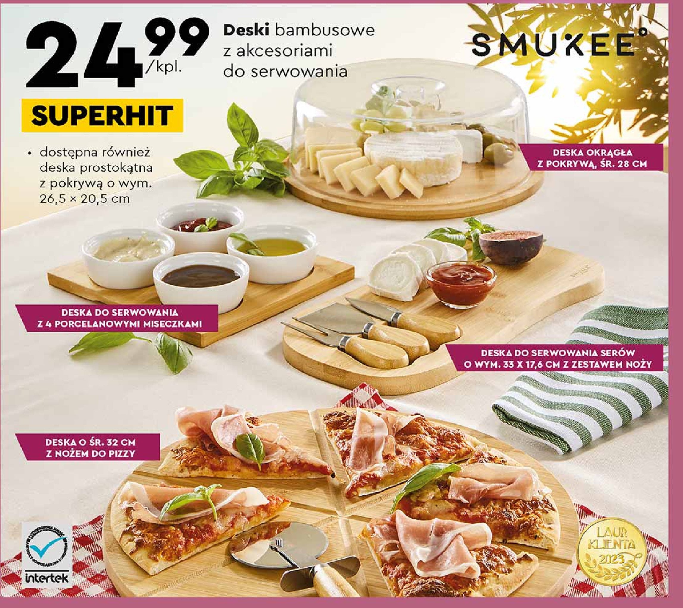 Deska bambusowa z nożem do pizzy Smukee kitchen promocja