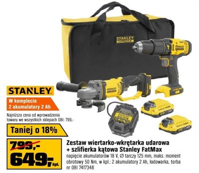 Zestaw wiertarko-wkrętarka udarowa + szlifierka kątowa Stanley FatMax promocja w OBI