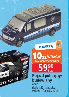 Pojazd policyjny/budowlany skala 1:32, na radio, światła 4 funkcje, 19 cm promocja w Leclerc