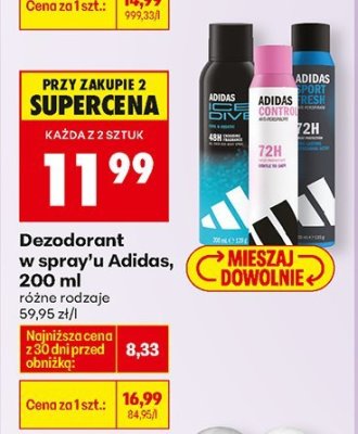 Dezodorant w sprayu Adidas, 200 ml różne rodzaje promocja w Biedronka