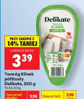 Twaróg Klinek półtłusty Delikate 250g promocja w Biedronka