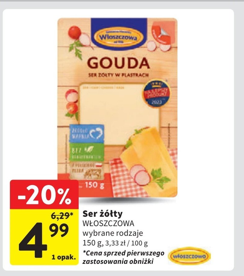 Ser żółty gouda plastry Włoszczowa promocja w Intermarche