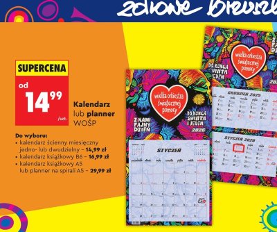 Kalendarz ścienny miesięczny jedno- lub dwudzielny WOŚP promocja w Biedronka