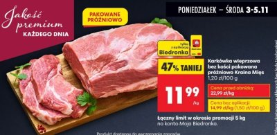 Karkówka wieprzowa bez kości pakowana próżniowo Kraina Mięs promocja w Biedronka