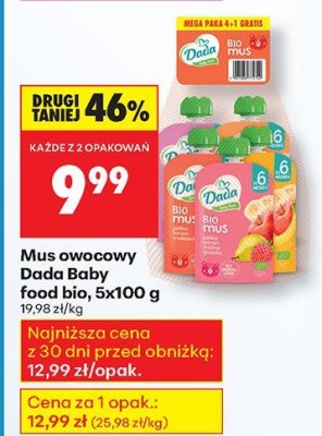 Mus owocowy Dada Baby food bio, 5x100 g, różne rodzaje promocja w Biedronka