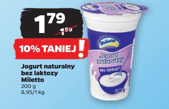 Jogurt naturalny bez laktozy 0% Miletto promocja