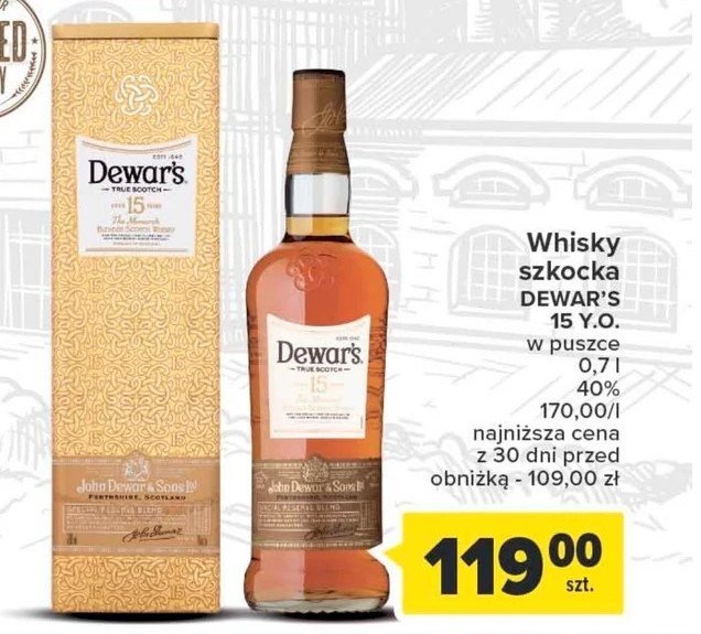 Whisky karton Dewar's 15 years old promocja