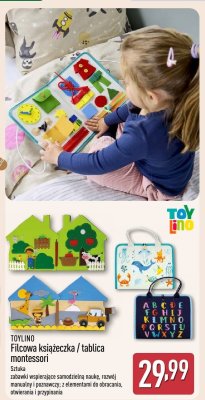 TOYLINO Filcowa książeczka / tablica montessori - zabawki wspierające samodzielną naukę, rozwój manualny i poznawczy; z elementami do obrącania, otwierania i przypinania promocja w Aldi
