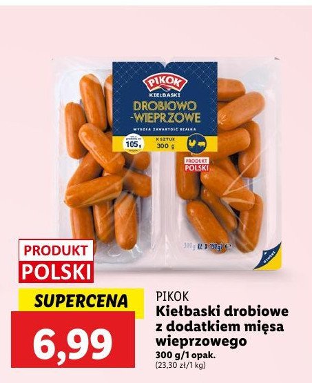 Kiełbaski drobiowe z dodatkiem mięsa wieprzowego Pikok promocja