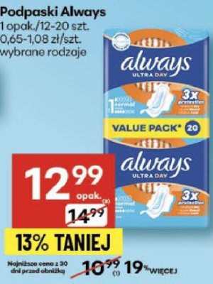 Podpaski Always, wybrane rodzaje promocja w Delikatesy Centrum