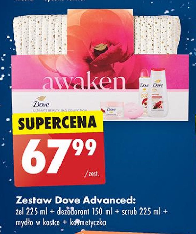 Zestaw w kosmetyczce awaken: żel pod prysznic 225 ml + scrub 225 ml + dezodorant 150 ml + +mydło w kostce 90 g Dove zestaw promocja w Biedronka