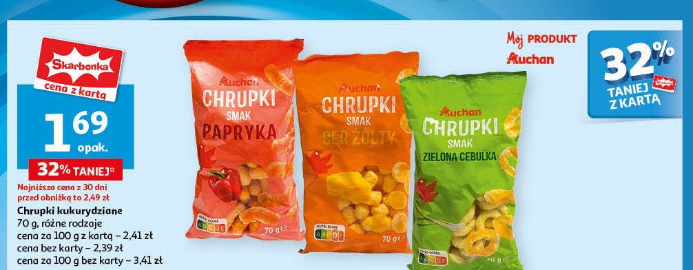 Chrupki kukurydziane zielone cebulka Auchan różnorodne (logo czerwone) promocja w Auchan